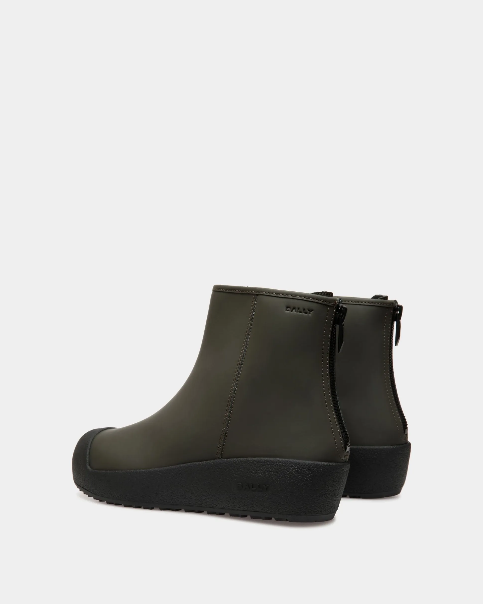 Bally Curling Bootie in Military Green Rubberized Leather