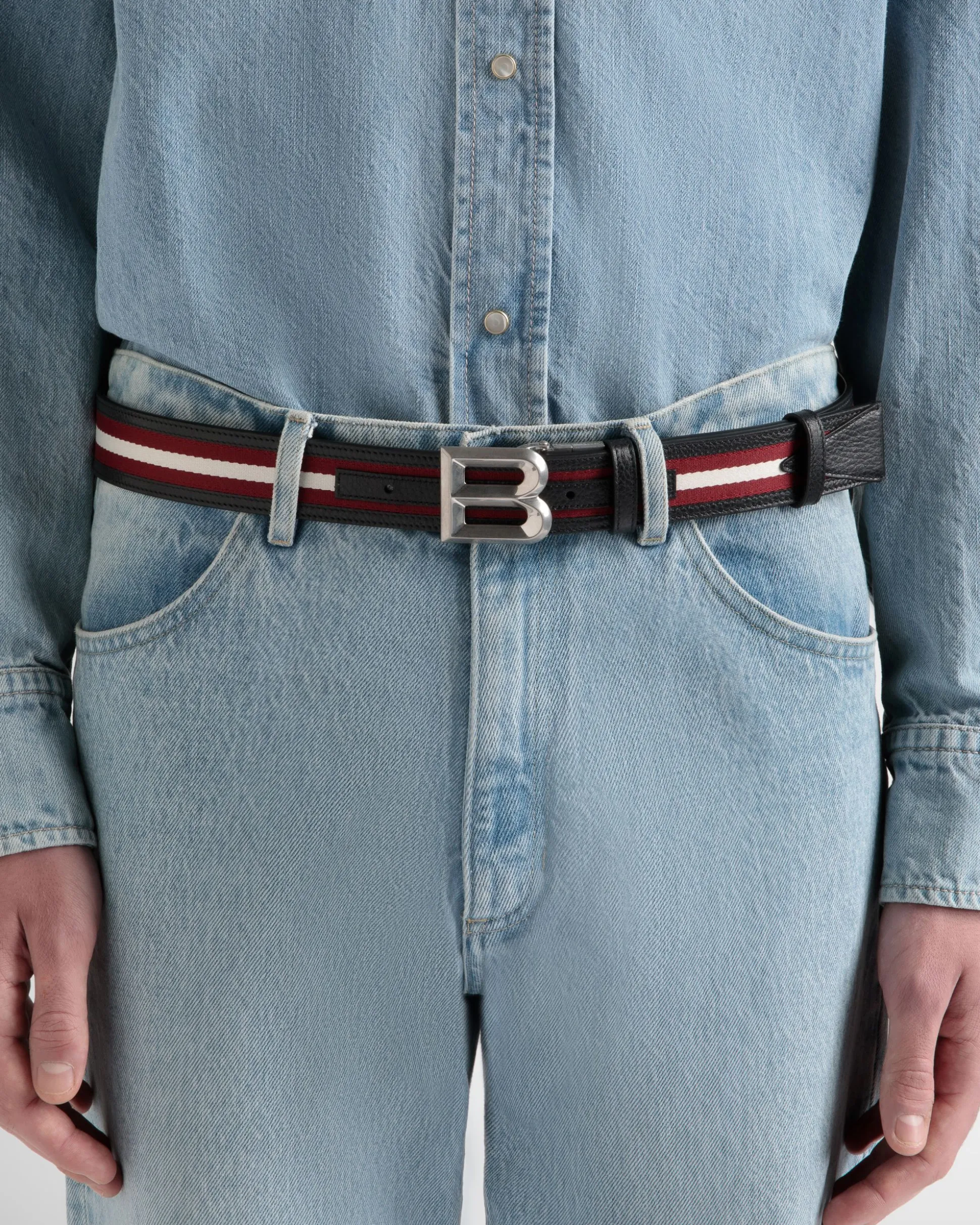 B Bold 35mm Reversible Belt in Red White Red Fabric And Leather