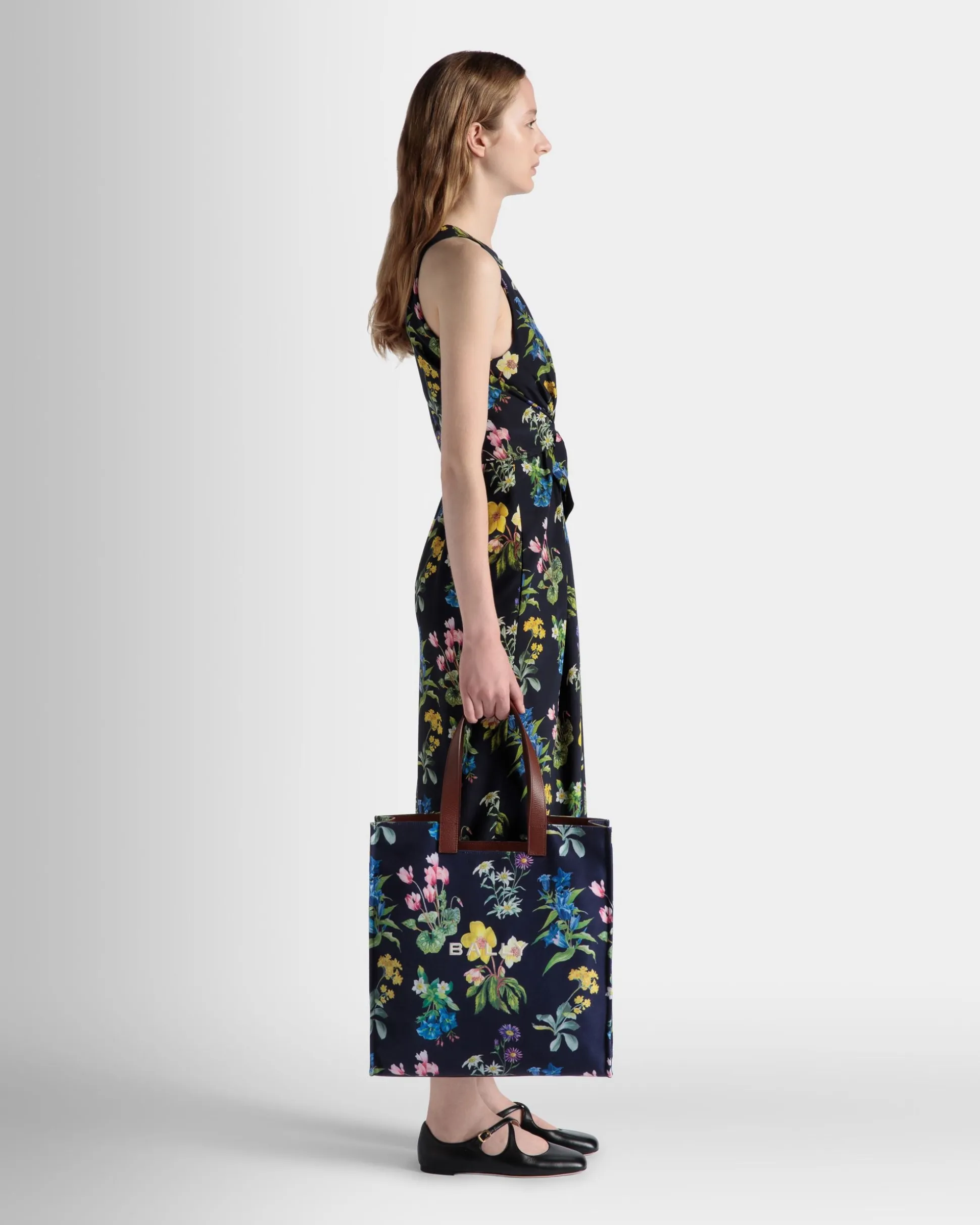 Easy Bally Tote Bag In Mountain Flower Print Canvas And Leather