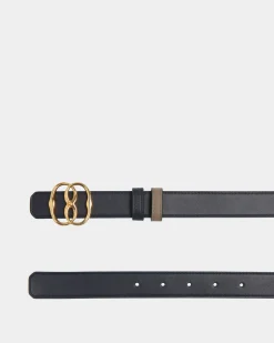 Emblem 25mm Reversible Belt in Navy Blue And Taupe Leather