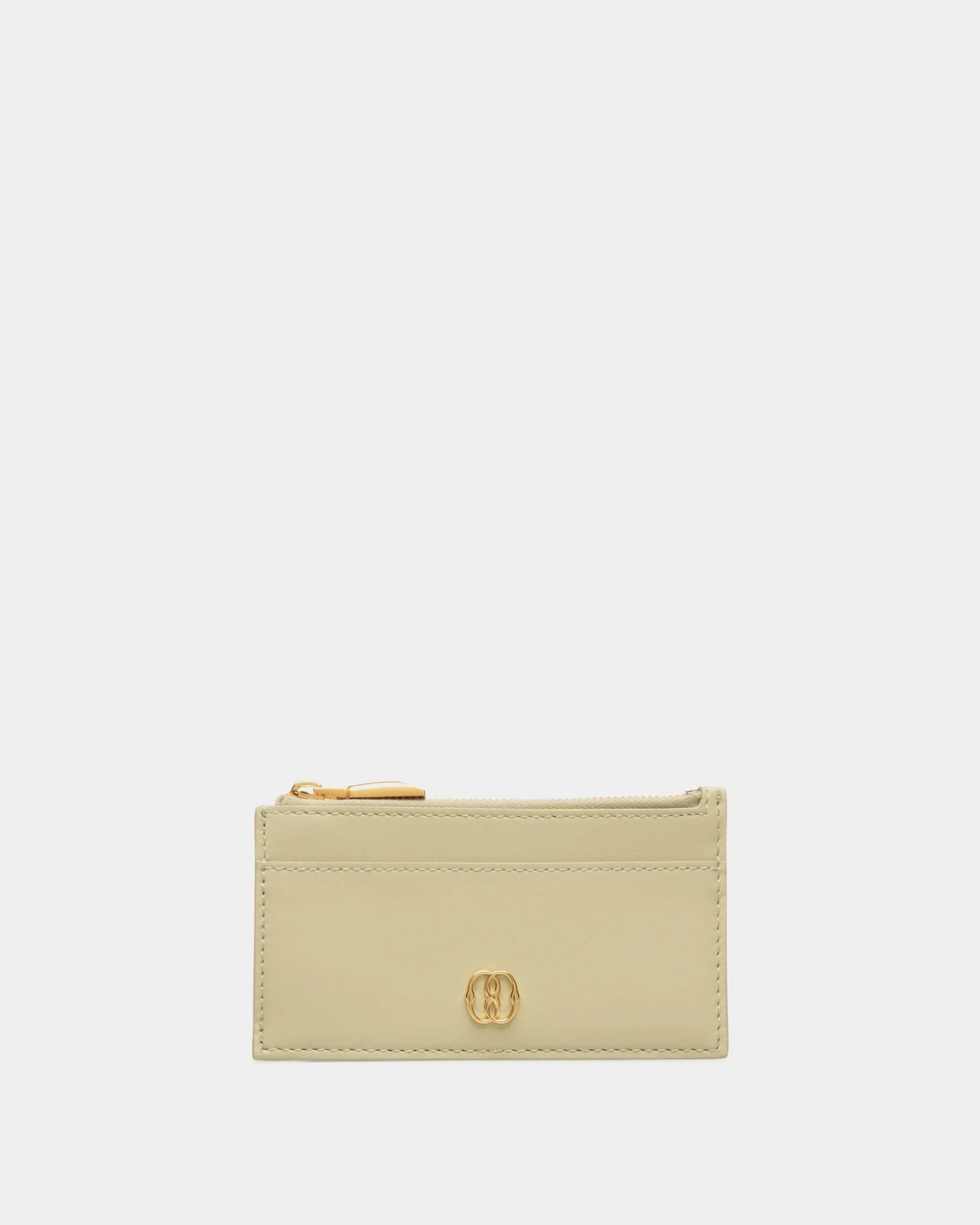 Emblem Zipped Card Holder In Light Green Leather