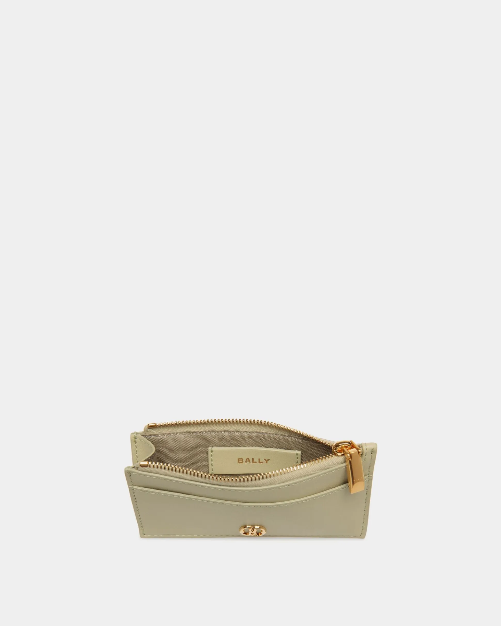 Emblem Zipped Card Holder In Light Green Leather