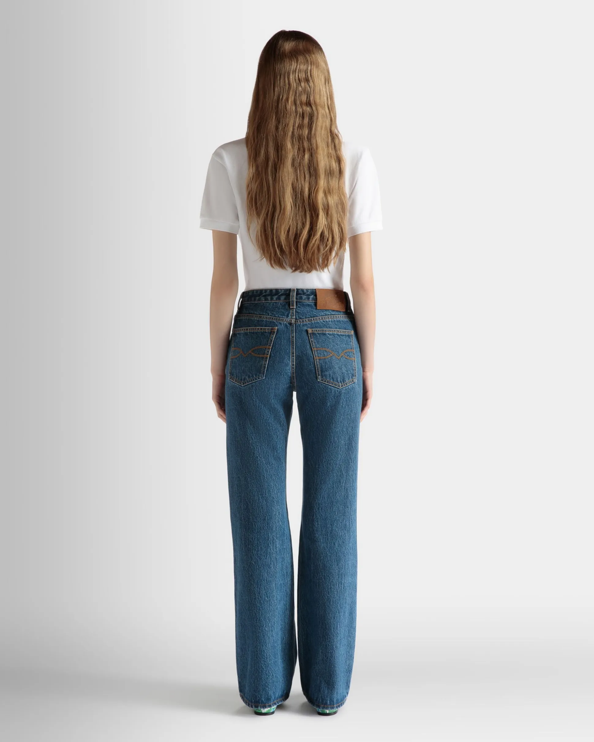 Flared Denim Pants in Medium Blue Cotton