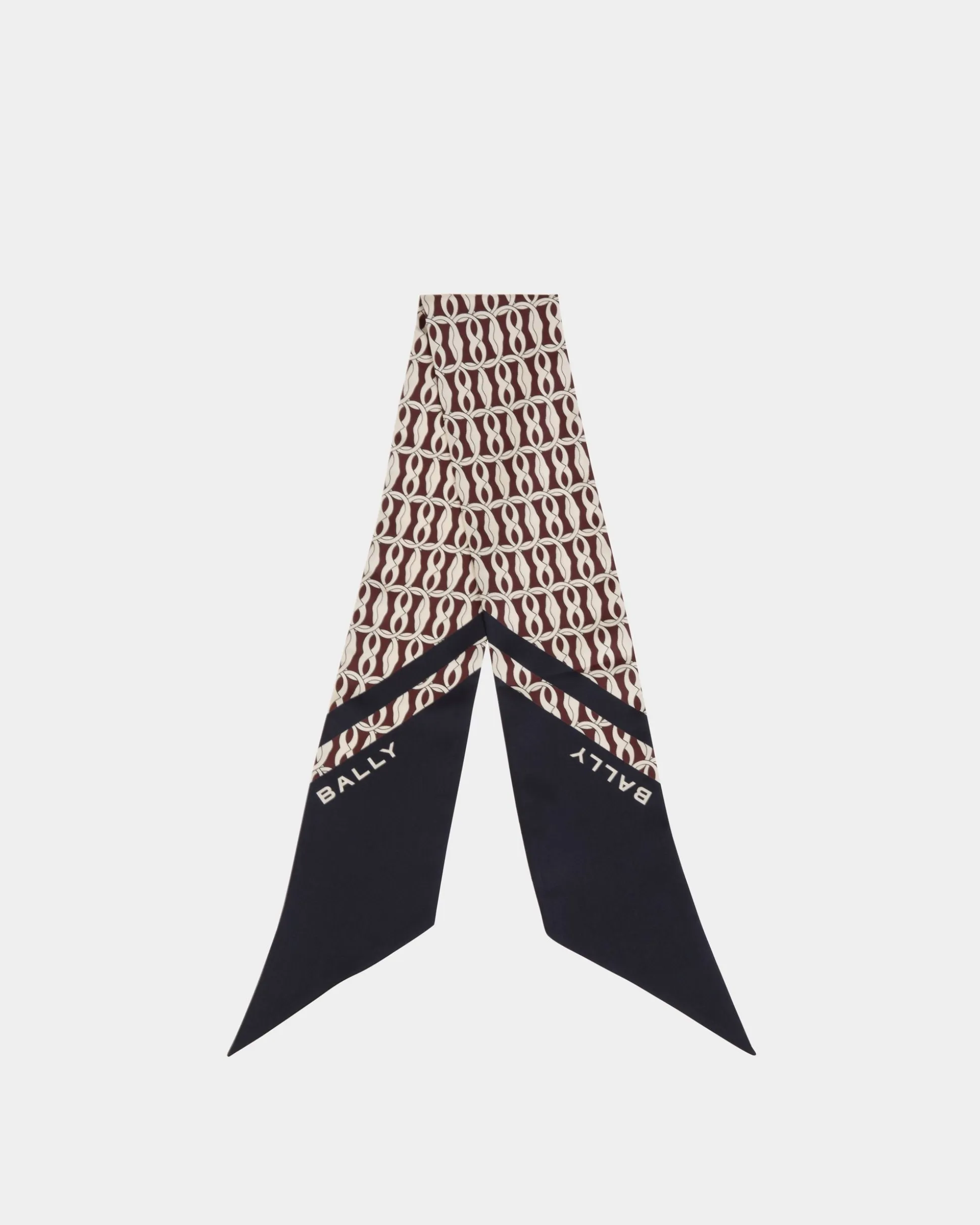 Neck Bow With Emblem Print In Navy Blue Silk