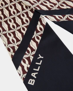 Neck Bow With Emblem Print In Navy Blue Silk
