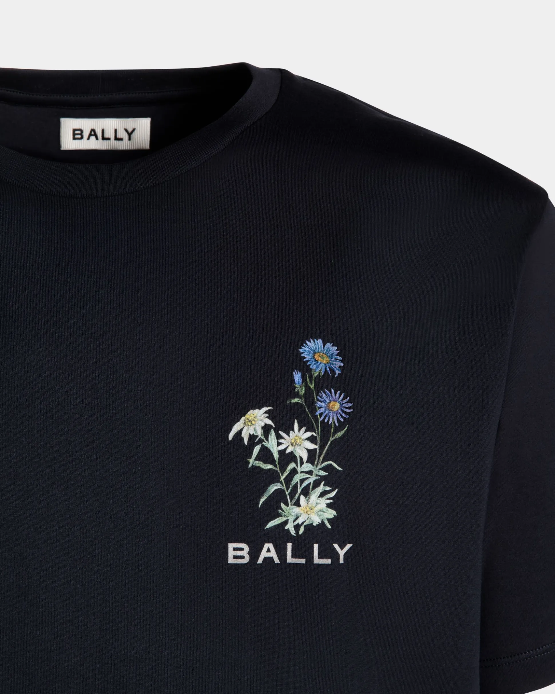T-Shirt With Mountain Flower Print In Navy Blue Cotton