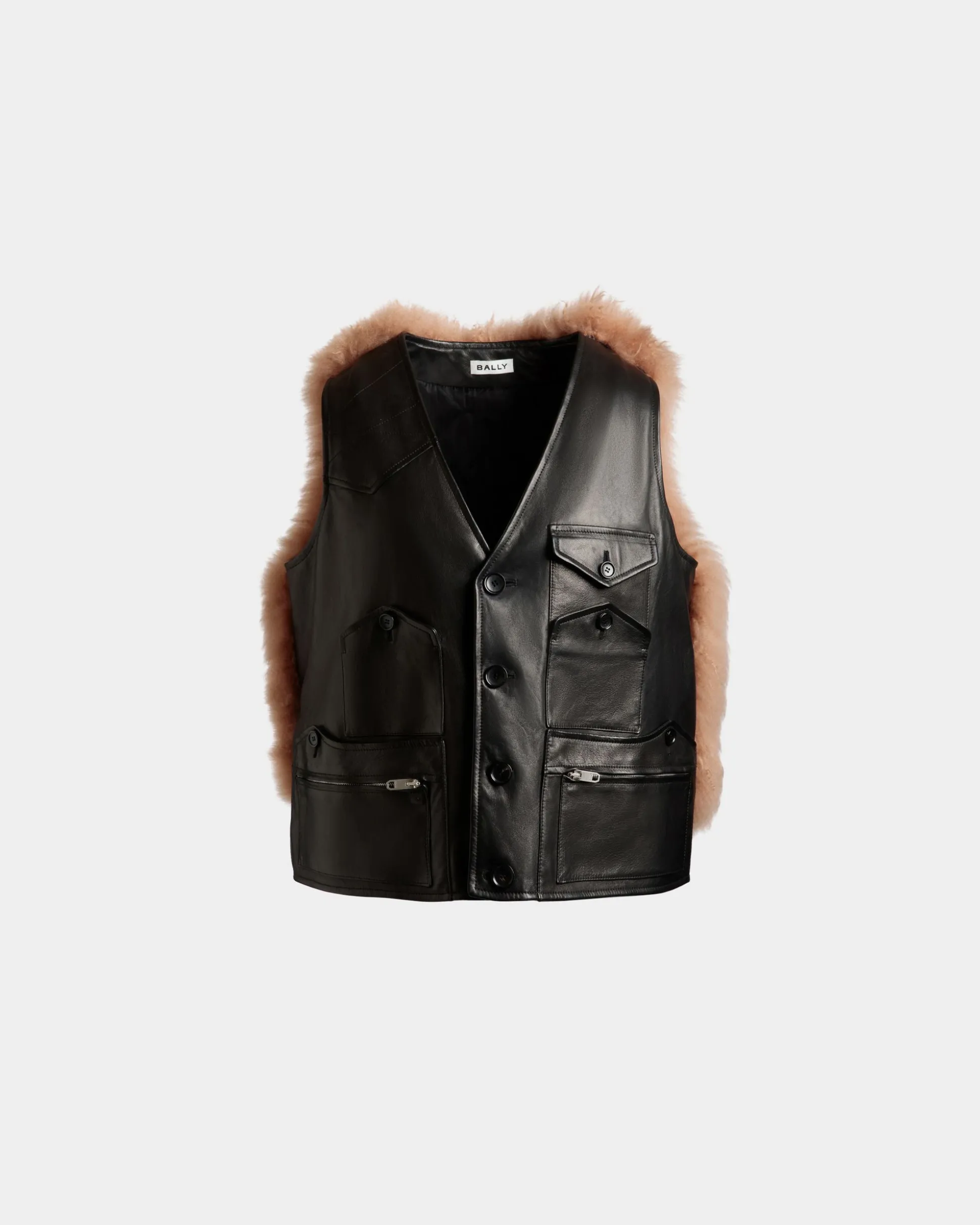 Vest With Shearling Insert In Black Leather