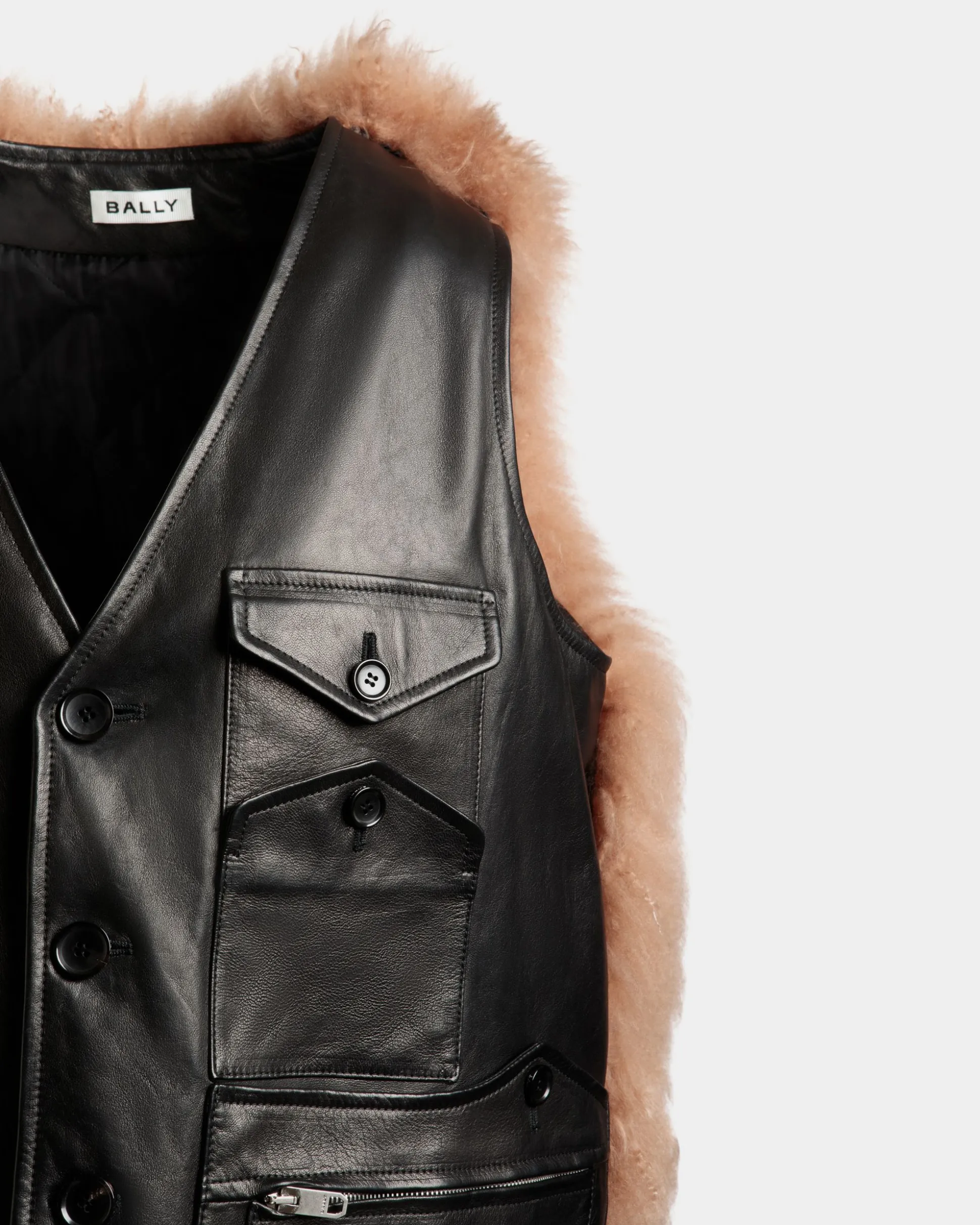 Vest With Shearling Insert In Black Leather