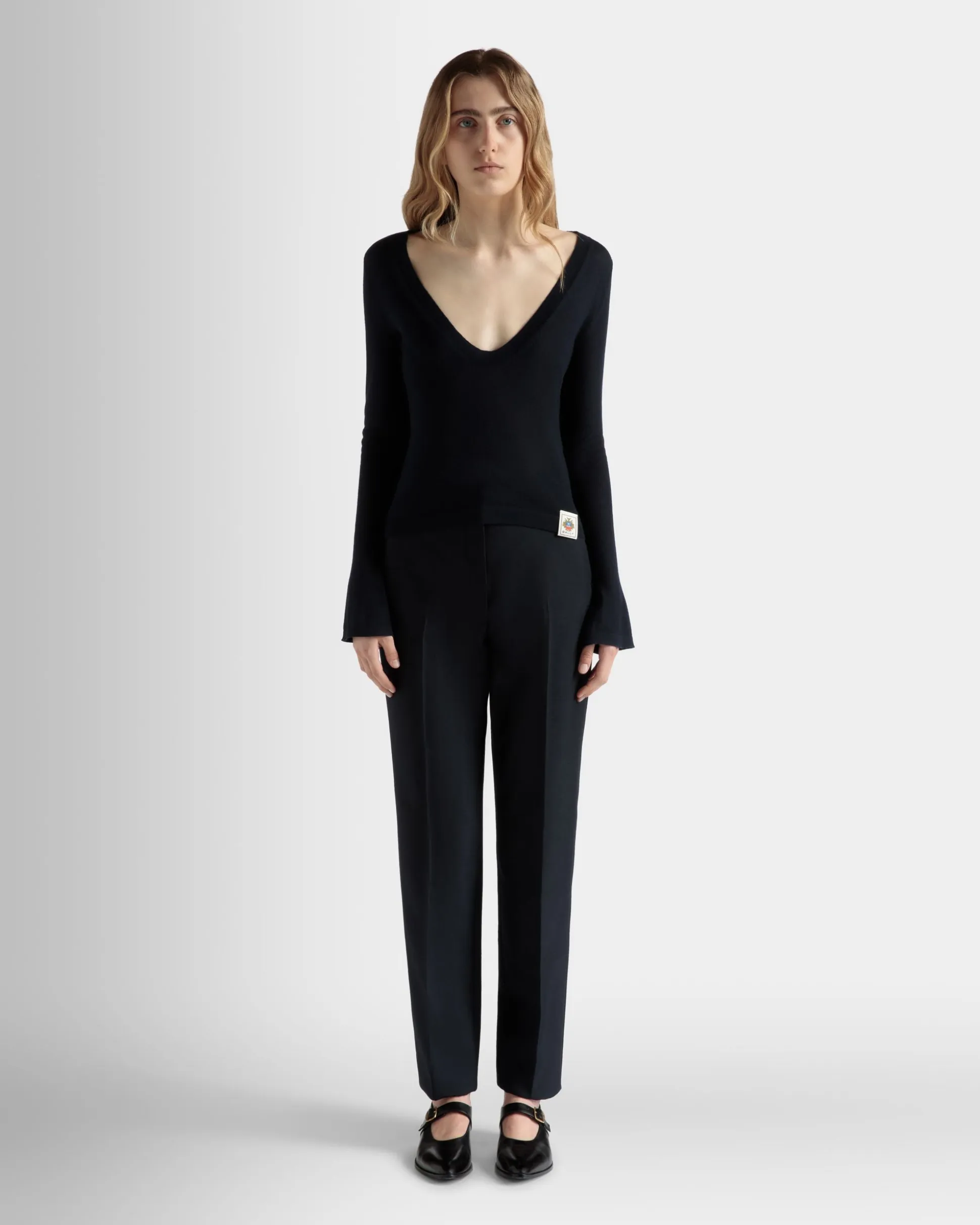 V-Neck Knit Top in Navy Blue Cashmere